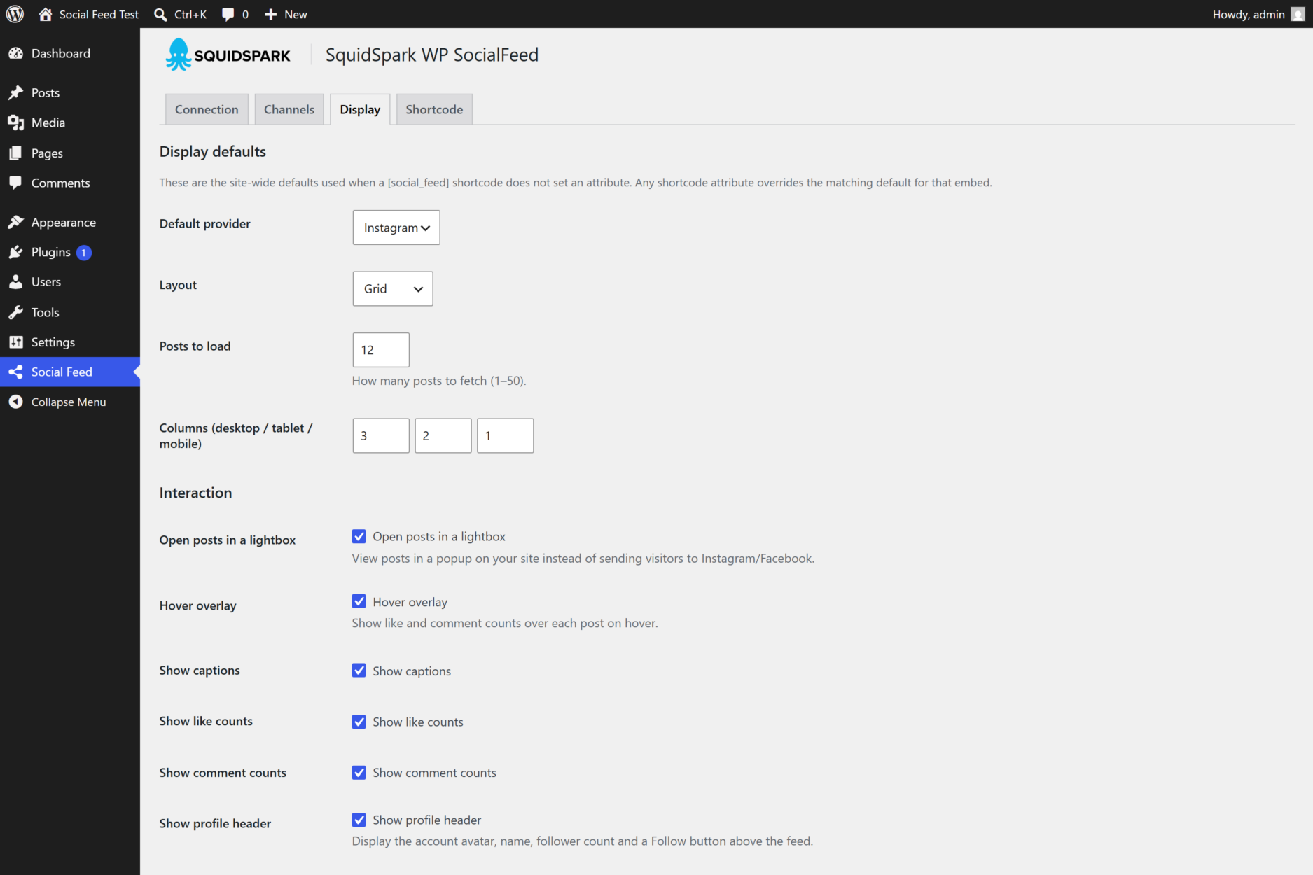 Social feed display defaults